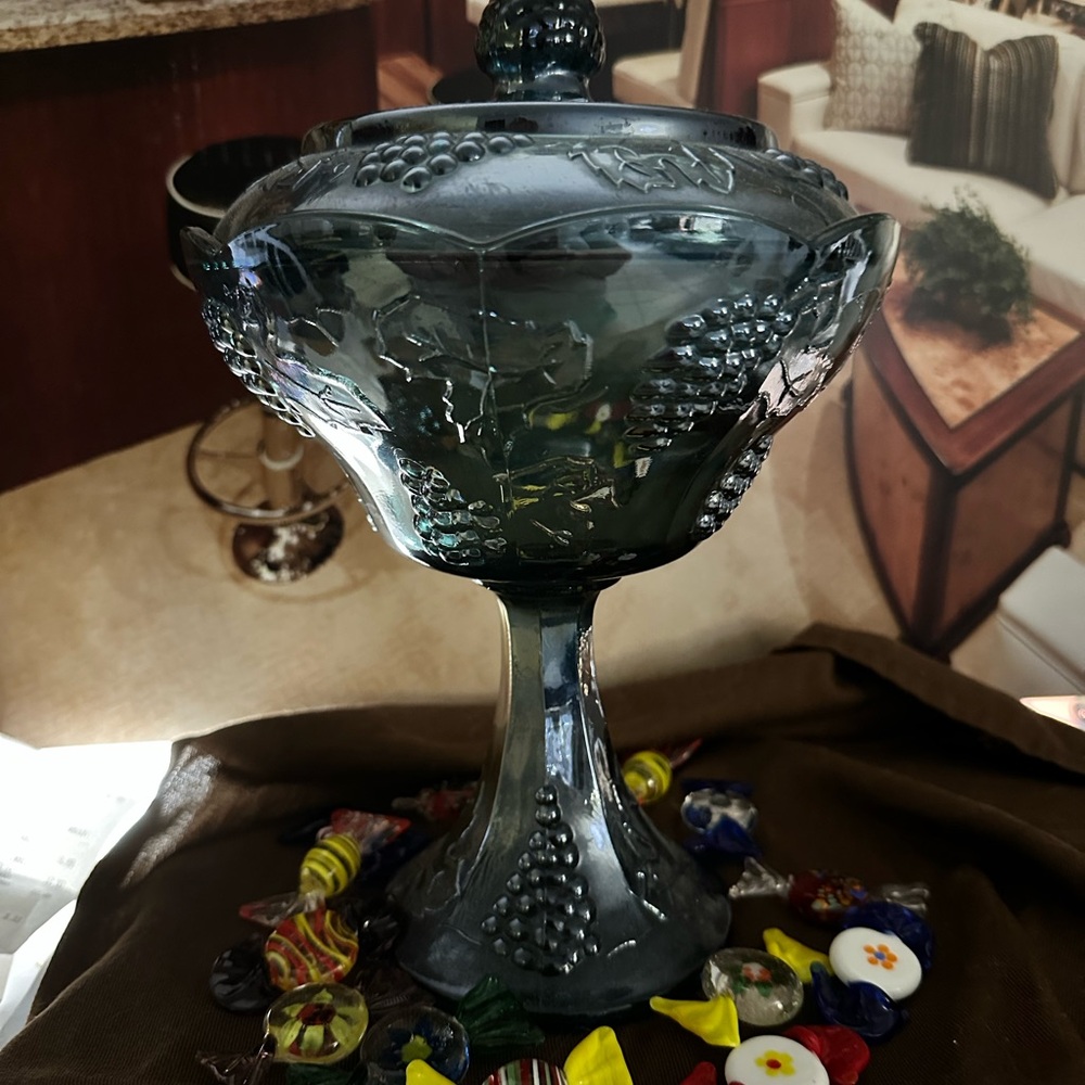Elegant purple Carnival Glass Compote with Lid.